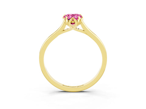 Yellow gold Pear Cut Pink Sapphire Solitaire Ring with Flower Prong Setting and Classic Band_15