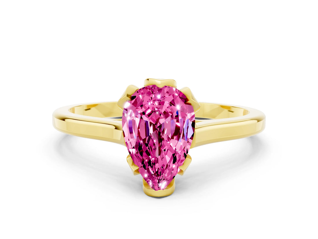Yellow gold Pear Cut Pink Sapphire Solitaire Ring with Flower Prong Setting and Classic Band_36