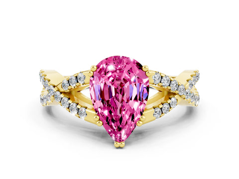 Yellow gold Pear Cut Pink Sapphire Solitaire Ring with Four-Prong Setting and Twisted Pavé Band_12