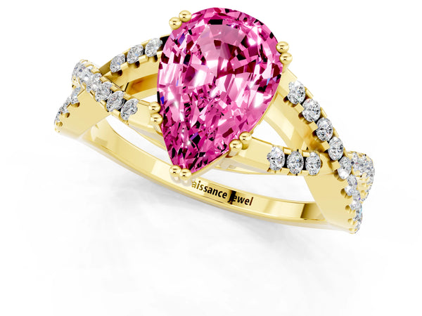 Yellow gold Pear Cut Pink Sapphire Solitaire Ring with Four-Prong Setting and Twisted Pavé Band