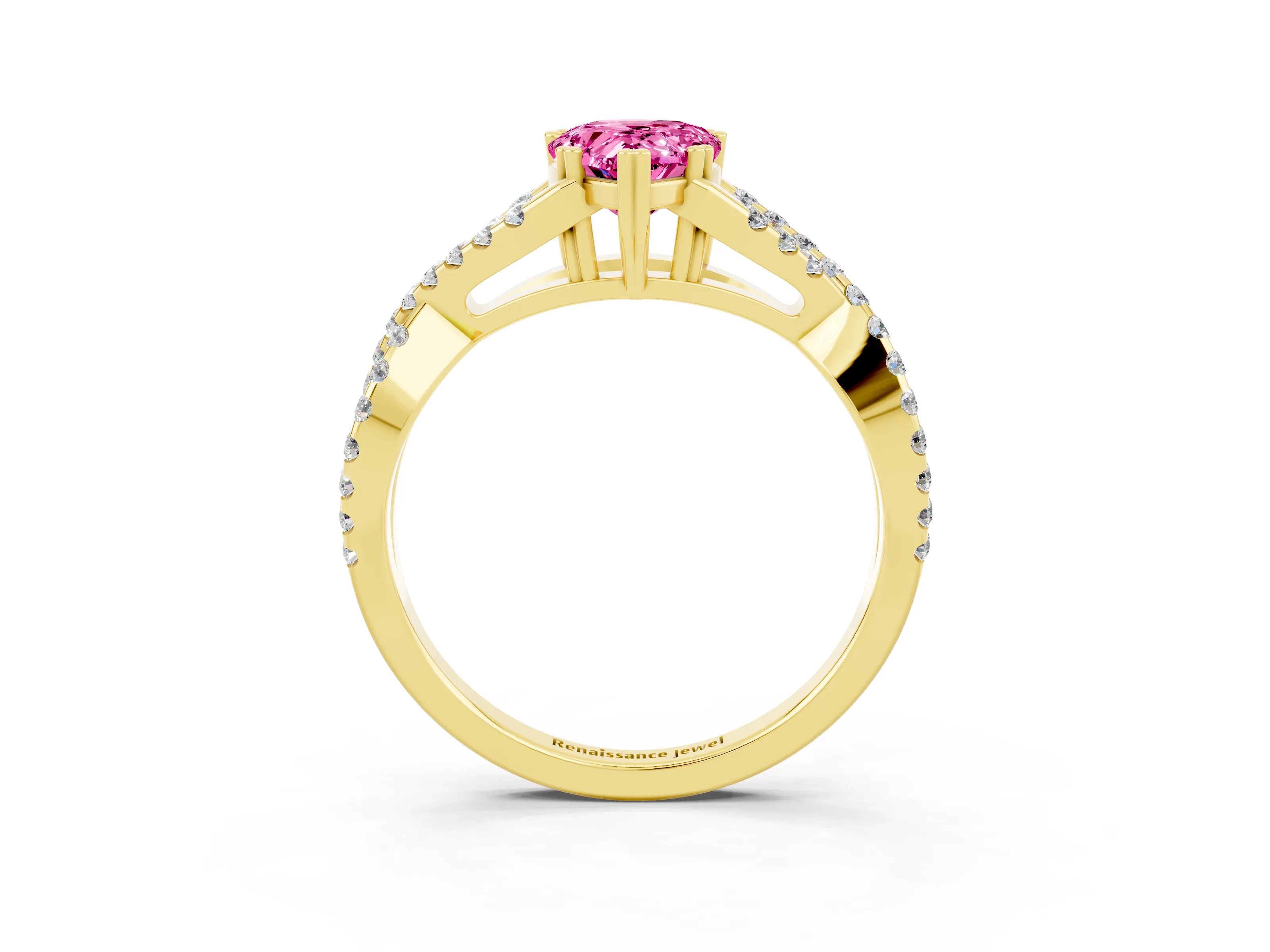 Yellow gold Pear Cut Pink Sapphire Solitaire Ring with Four-Prong Setting and Twisted Pavé Band_15