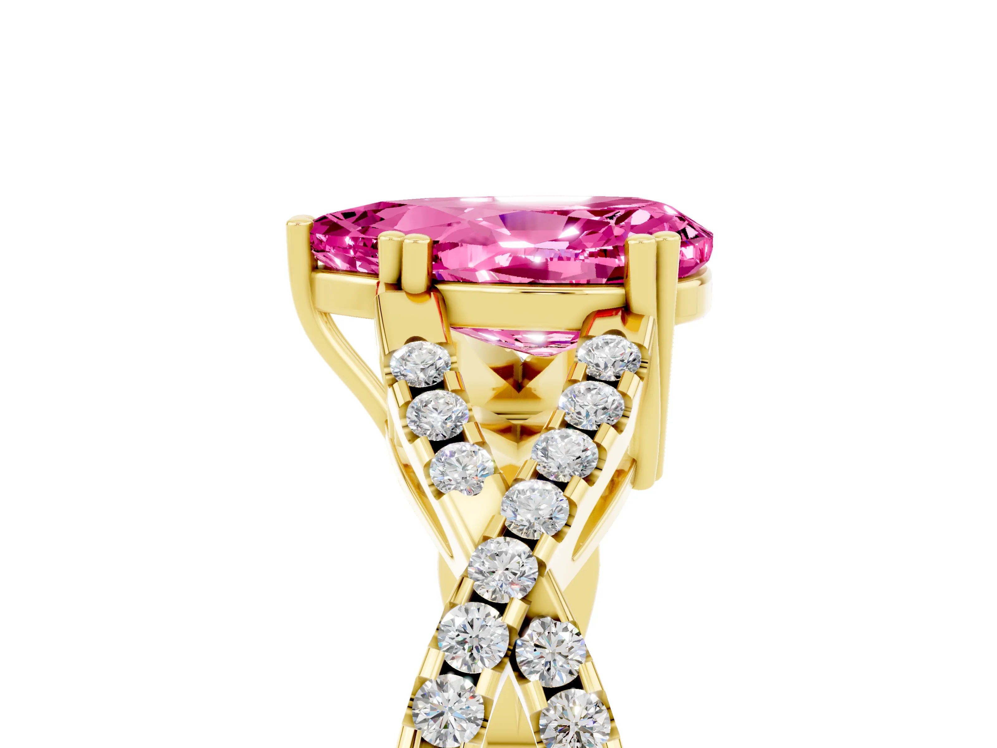 Yellow gold Pear Cut Pink Sapphire Solitaire Ring with Four-Prong Setting and Twisted Pavé Band_17
