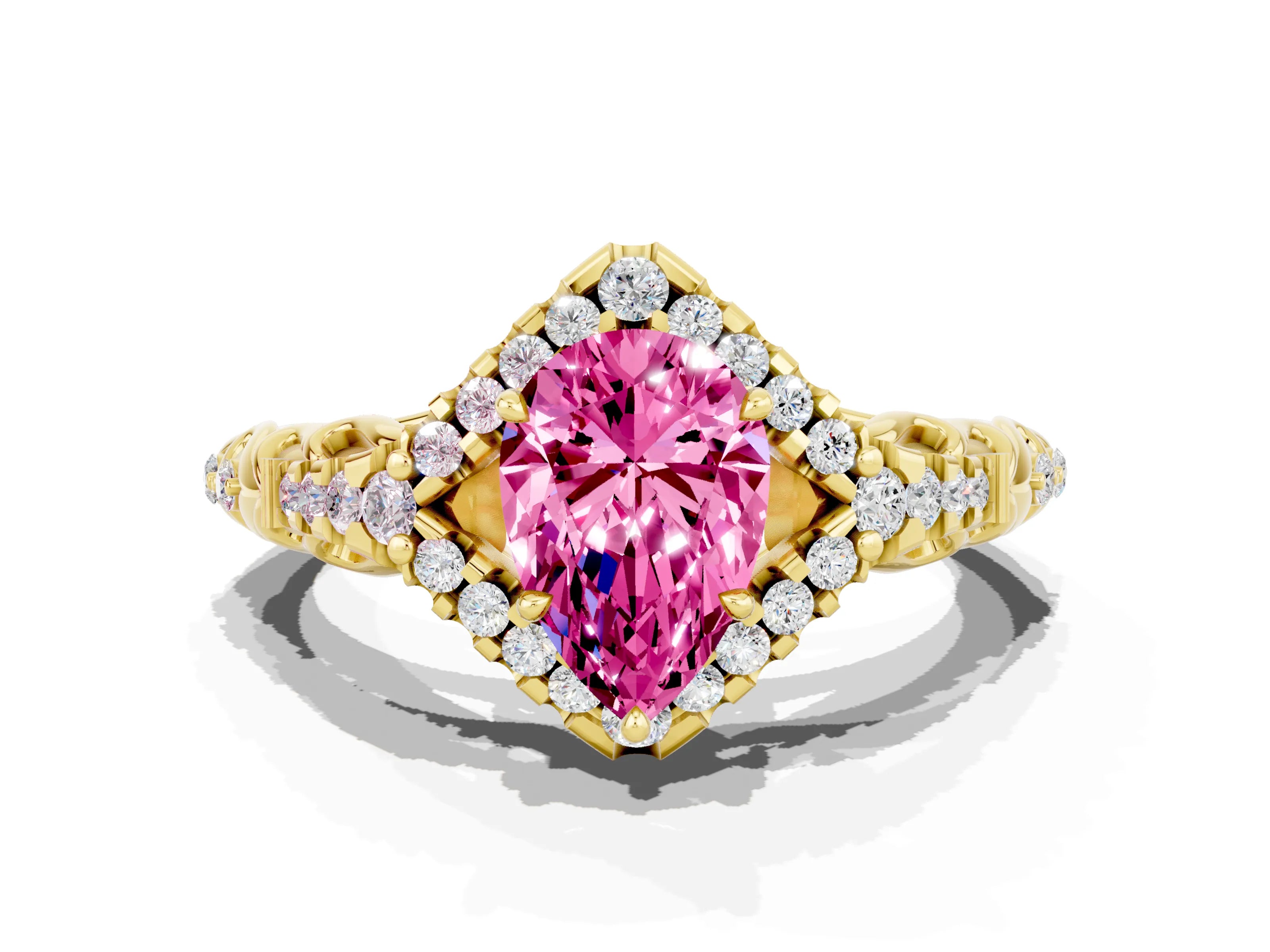 Yellow gold Pear Cut Pink Sapphire Solitaire Ring with Hidden Halo and Pavé Band_12