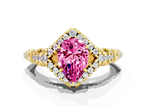 Yellow gold Pear Cut Pink Sapphire Solitaire Ring with Hidden Halo and Pavé Band