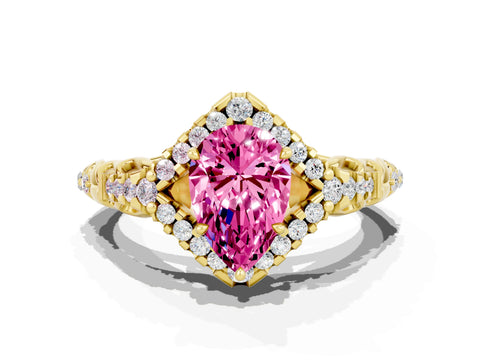 Yellow gold Pear Cut Pink Sapphire Solitaire Ring with Hidden Halo and Pavé Band_12
