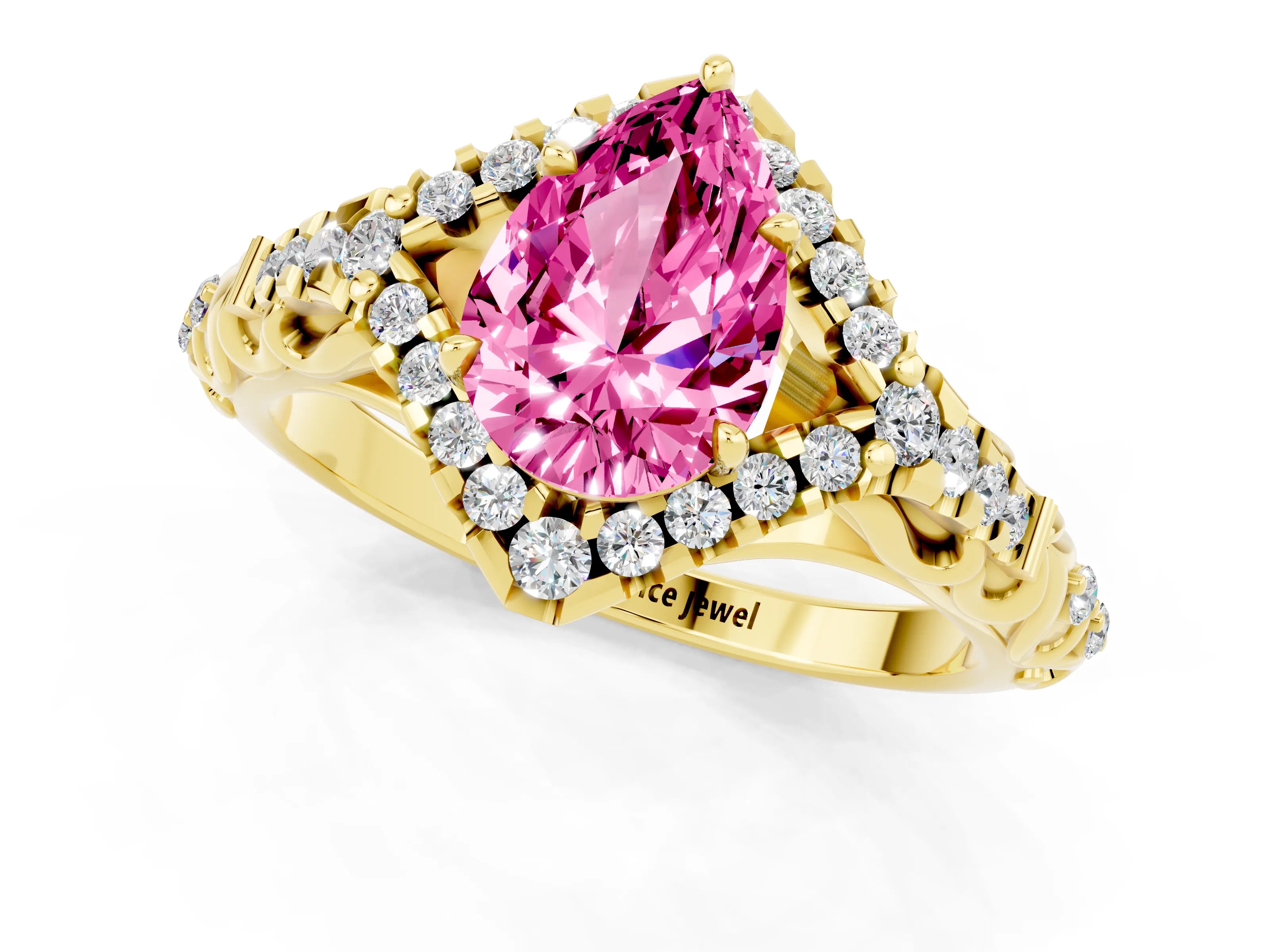 Yellow gold Pear Cut Pink Sapphire Solitaire Ring with Hidden Halo and Pavé Band_13