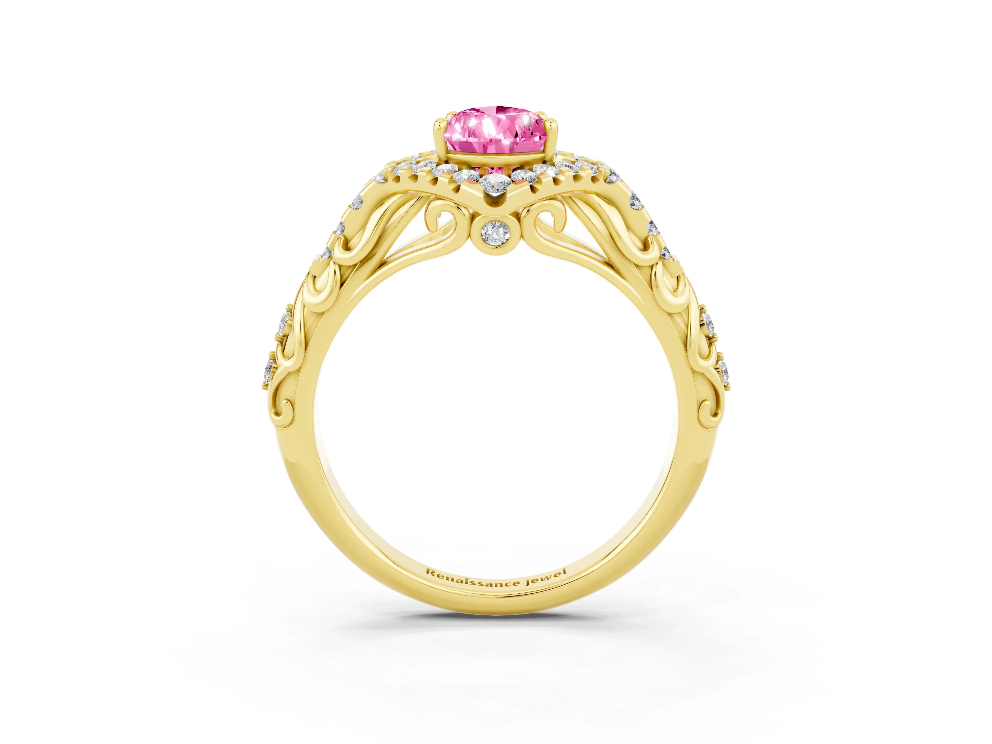 Yellow gold Pear Cut Pink Sapphire Solitaire Ring with Hidden Halo and Pavé Band_15