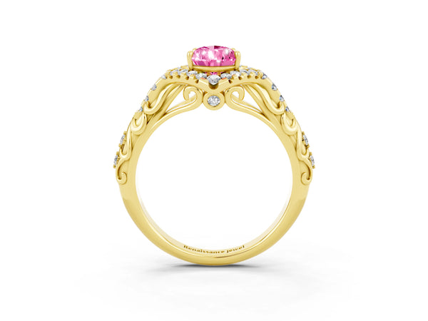 Yellow gold Pear Cut Pink Sapphire Solitaire Ring with Hidden Halo and Pavé Band