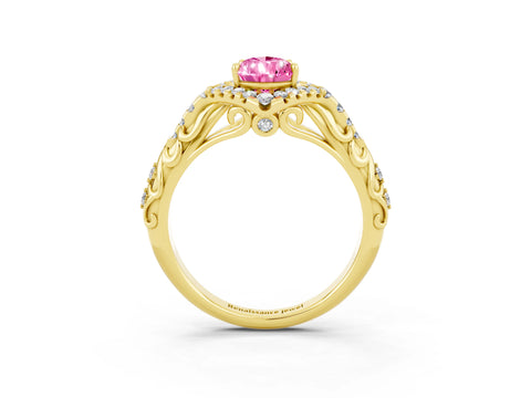 Yellow gold Pear Cut Pink Sapphire Solitaire Ring with Hidden Halo and Pavé Band_15
