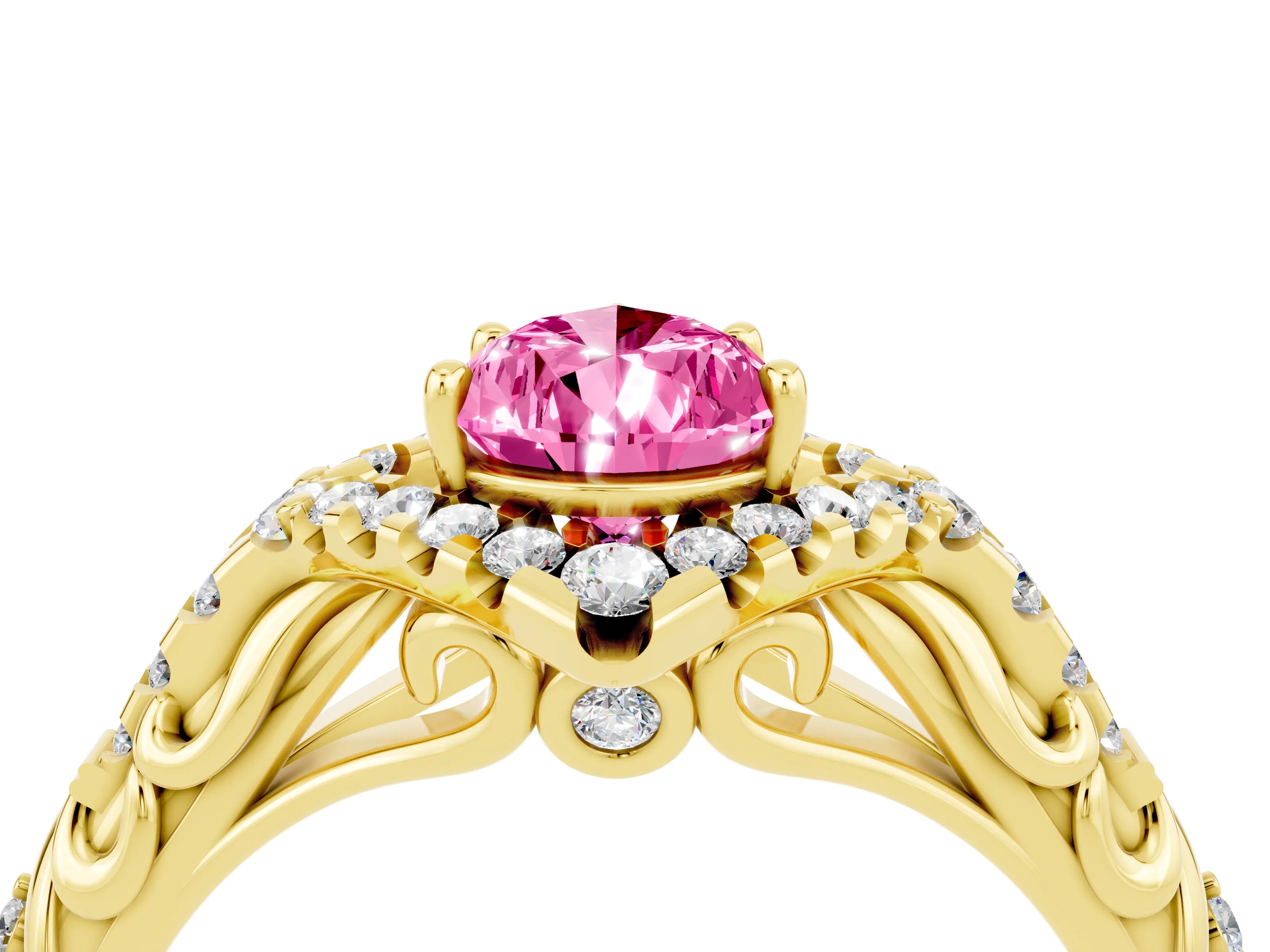 Yellow gold Pear Cut Pink Sapphire Solitaire Ring with Hidden Halo and Pavé Band_16