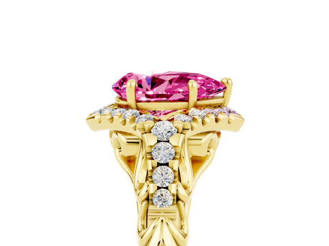 Yellow gold Pear Cut Pink Sapphire Solitaire Ring with Hidden Halo and Pavé Band_17