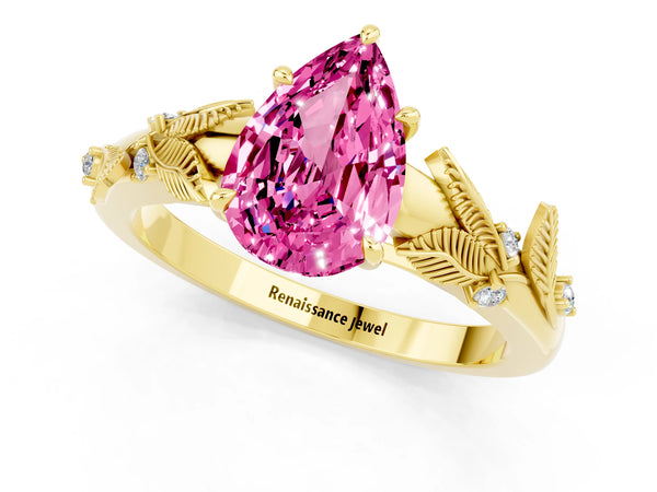 Yellow gold Pear Cut Pink Sapphire Solitaire Ring with Leaf Motif Band and Four-Prong Setting