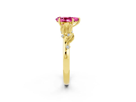 Yellow gold Pear Cut Pink Sapphire Solitaire Ring with Leaf Motif Band and Four-Prong Setting_2