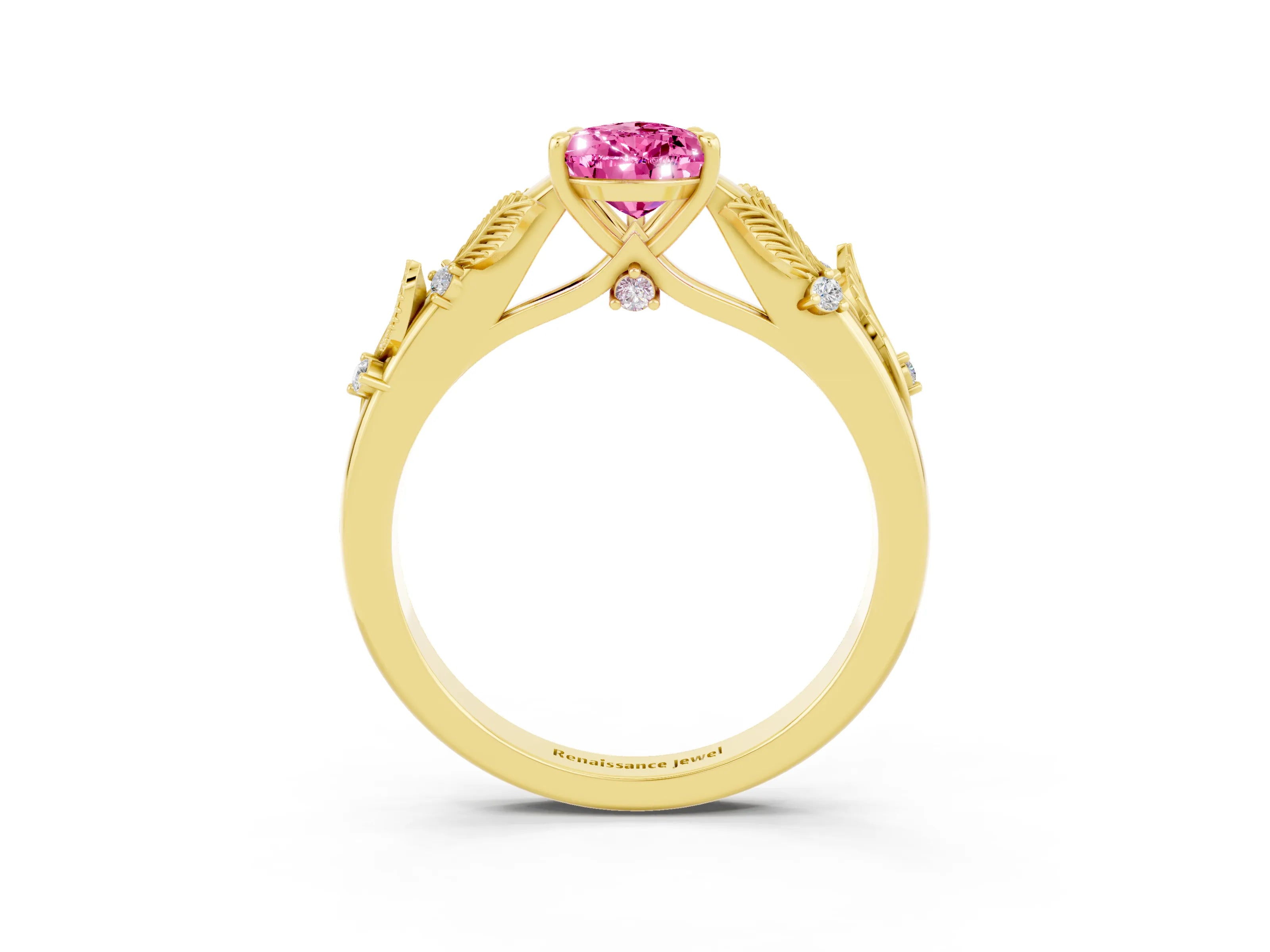 Yellow gold Pear Cut Pink Sapphire Solitaire Ring with Leaf Motif Band and Four-Prong Setting_3