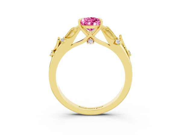 Yellow gold Pear Cut Pink Sapphire Solitaire Ring with Leaf Motif Band and Four-Prong Setting