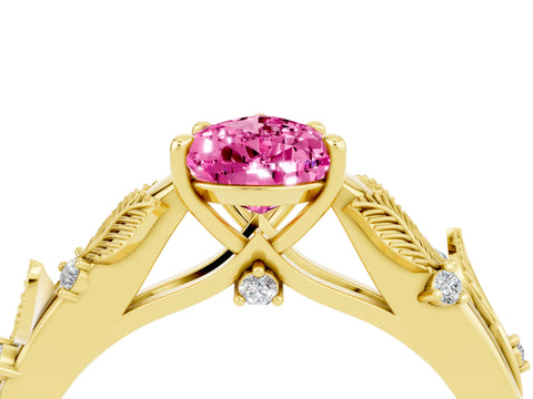 Yellow gold Pear Cut Pink Sapphire Solitaire Ring with Leaf Motif Band and Four-Prong Setting_4