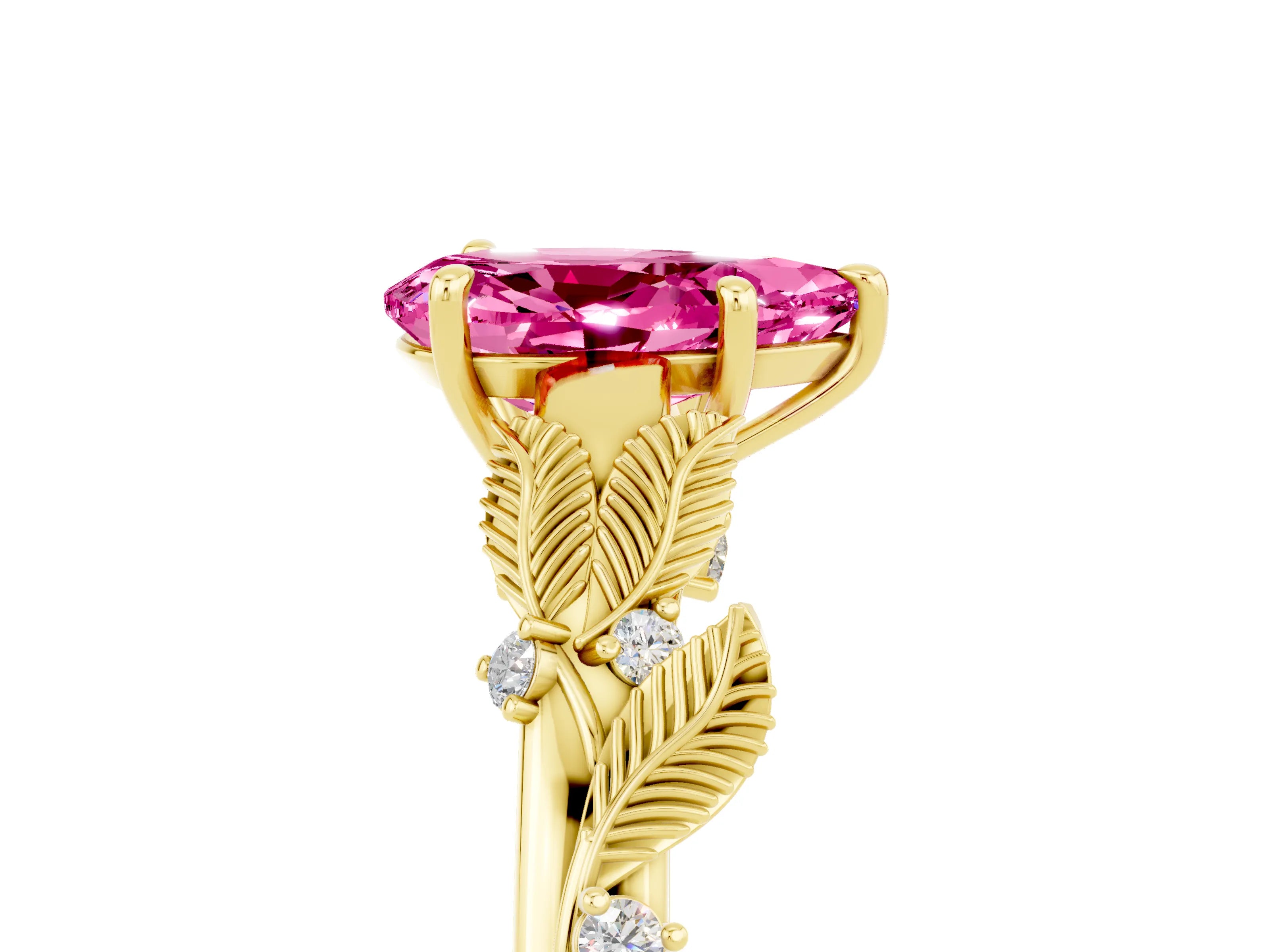 Yellow gold Pear Cut Pink Sapphire Solitaire Ring with Leaf Motif Band and Four-Prong Setting_5