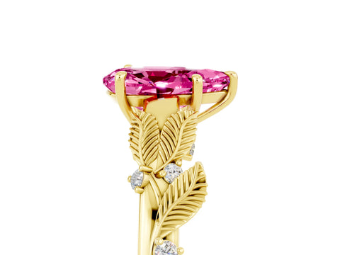 Yellow gold Pear Cut Pink Sapphire Solitaire Ring with Leaf Motif Band and Four-Prong Setting_5