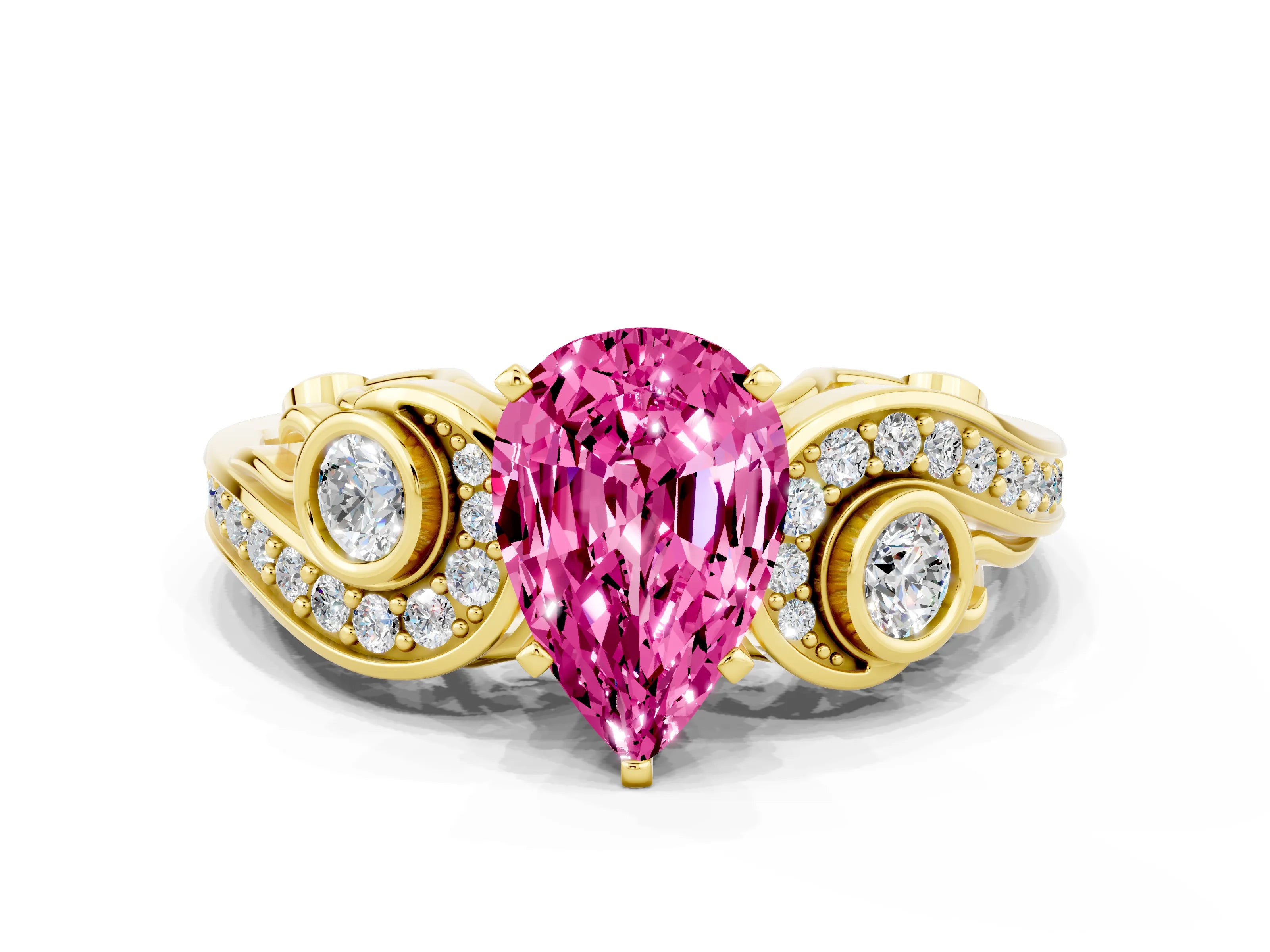 Yellow gold Pear Cut Pink Sapphire Solitaire Ring with Milgrain Pavé Band and Four-Prong Setting_24
