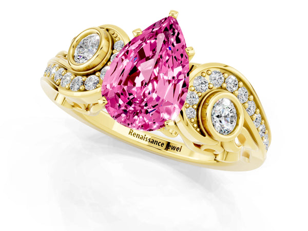 Yellow gold Pear Cut Pink Sapphire Solitaire Ring with Milgrain Pavé Band and Four-Prong Setting