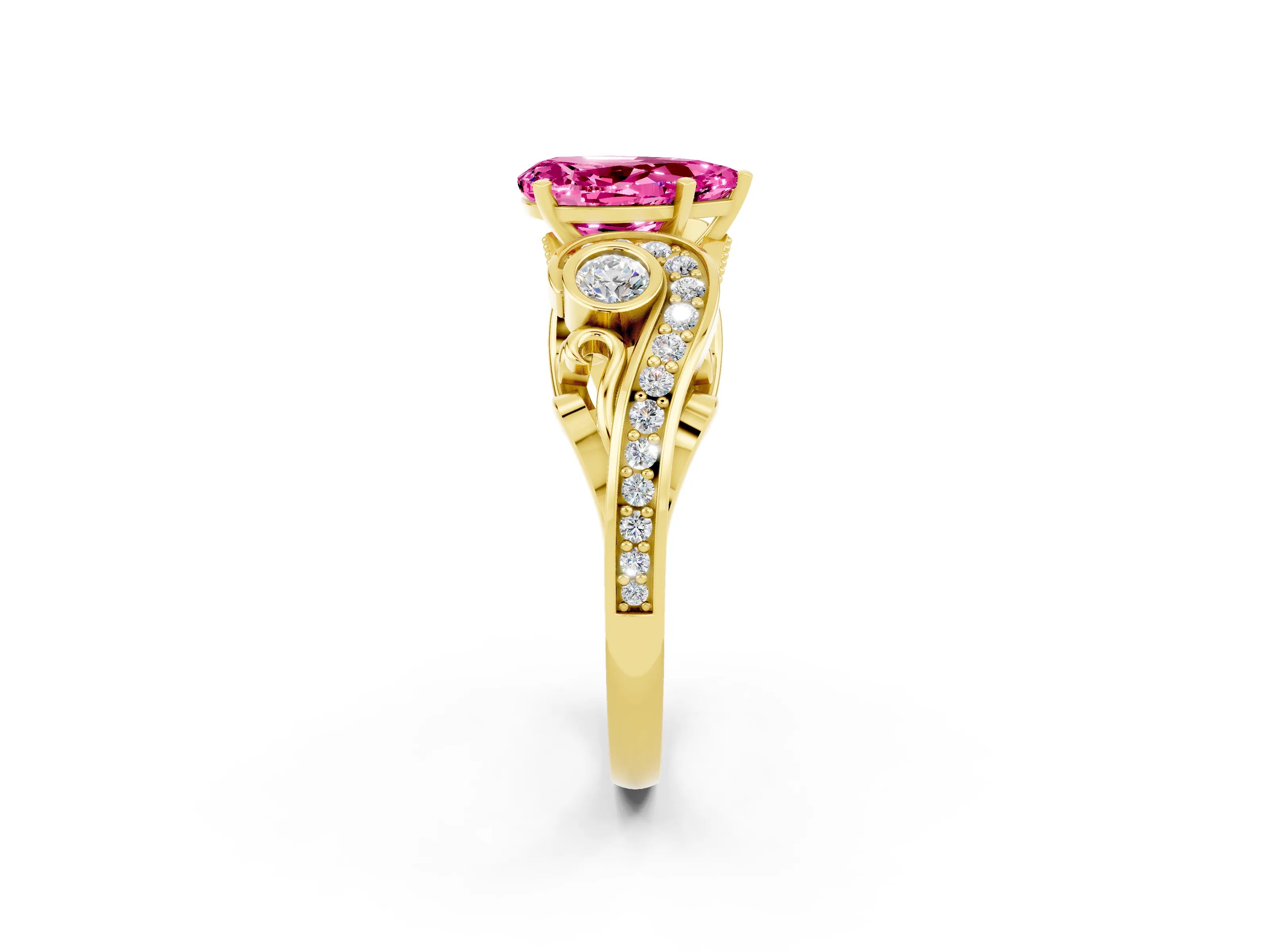 Yellow gold Pear Cut Pink Sapphire Solitaire Ring with Milgrain Pavé Band and Four-Prong Setting_26