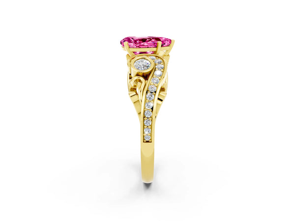 Yellow gold Pear Cut Pink Sapphire Solitaire Ring with Milgrain Pavé Band and Four-Prong Setting