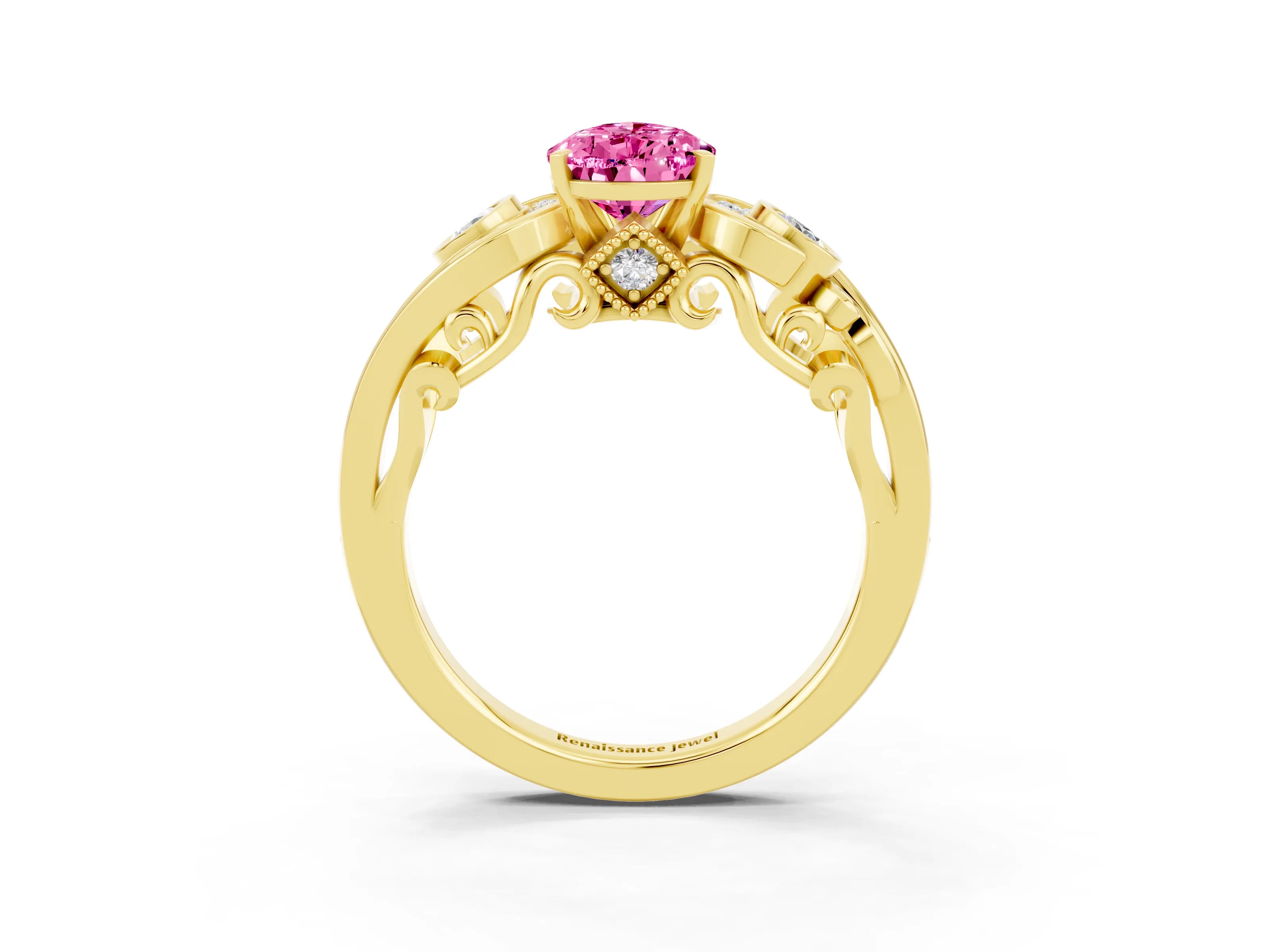 Yellow gold Pear Cut Pink Sapphire Solitaire Ring with Milgrain Pavé Band and Four-Prong Setting_27