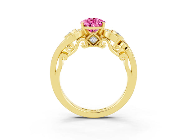 Yellow gold Pear Cut Pink Sapphire Solitaire Ring with Milgrain Pavé Band and Four-Prong Setting