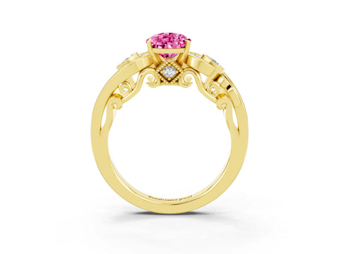 Yellow gold Pear Cut Pink Sapphire Solitaire Ring with Milgrain Pavé Band and Four-Prong Setting_27