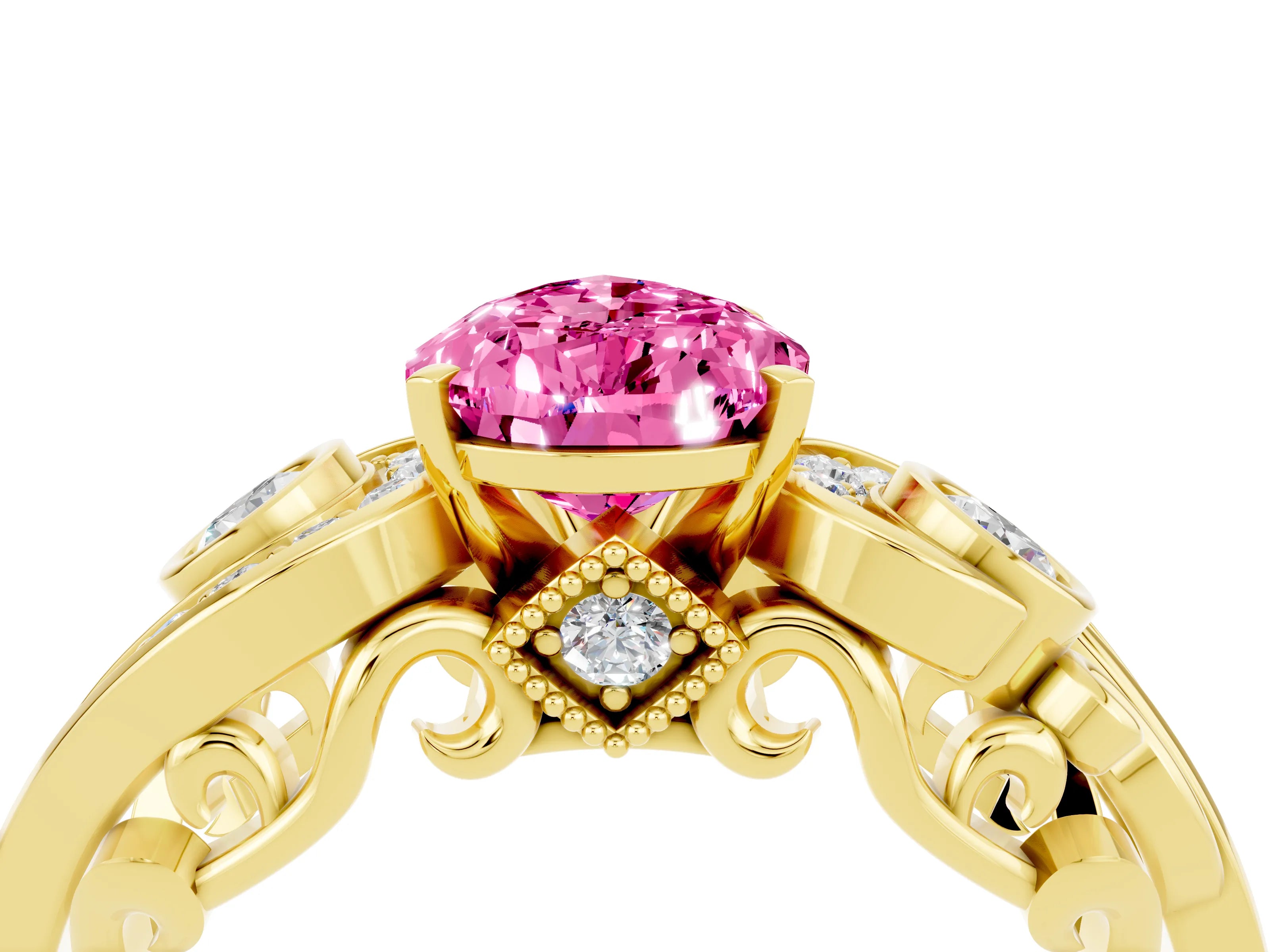 Yellow gold Pear Cut Pink Sapphire Solitaire Ring with Milgrain Pavé Band and Four-Prong Setting_28
