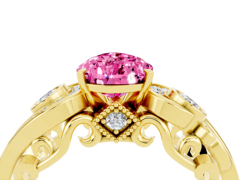 Yellow gold Pear Cut Pink Sapphire Solitaire Ring with Milgrain Pavé Band and Four-Prong Setting_28