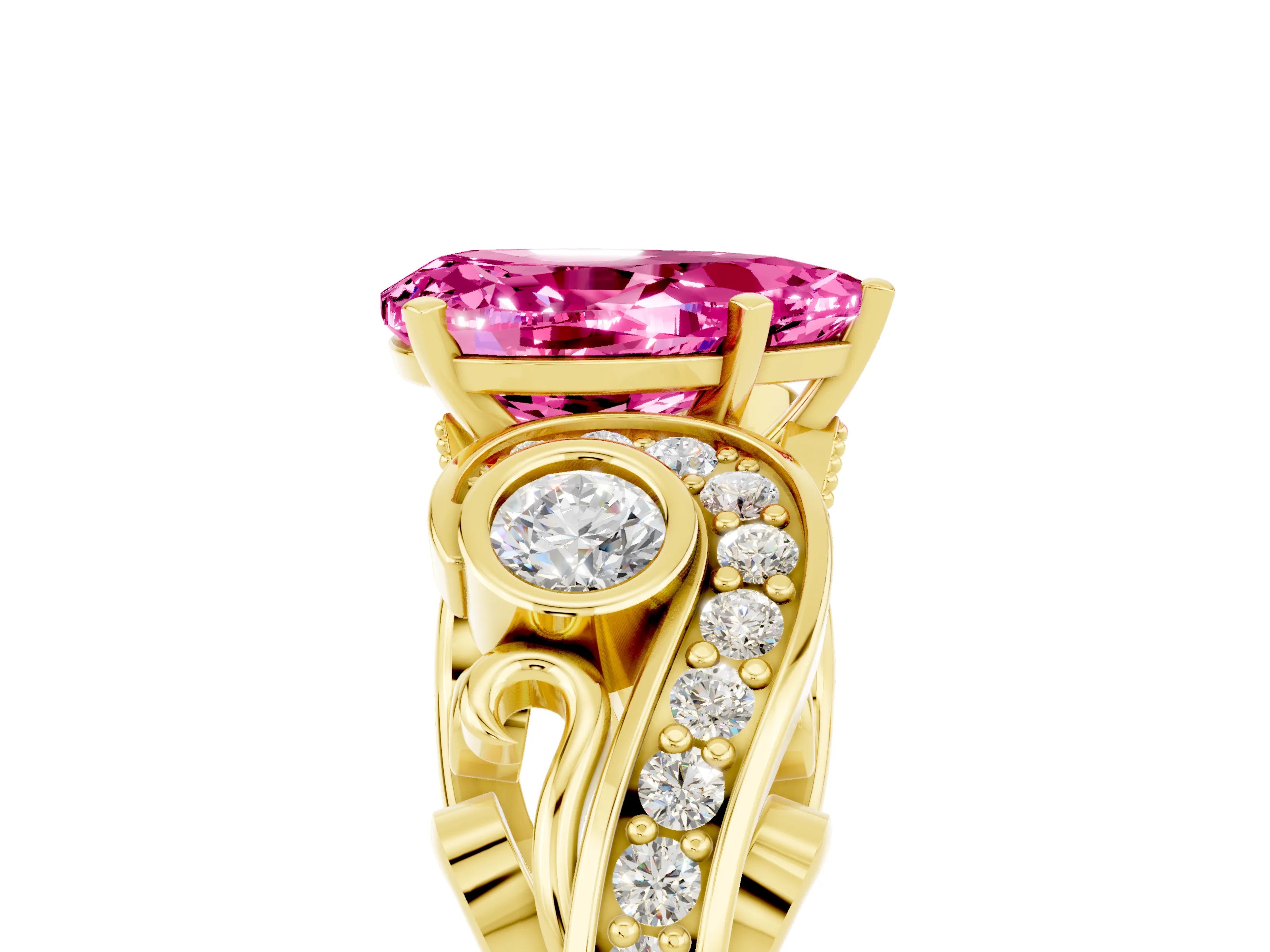 Yellow gold Pear Cut Pink Sapphire Solitaire Ring with Milgrain Pavé Band and Four-Prong Setting_29