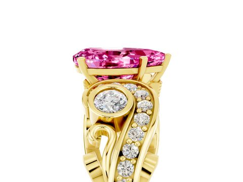 Yellow gold Pear Cut Pink Sapphire Solitaire Ring with Milgrain Pavé Band and Four-Prong Setting_29