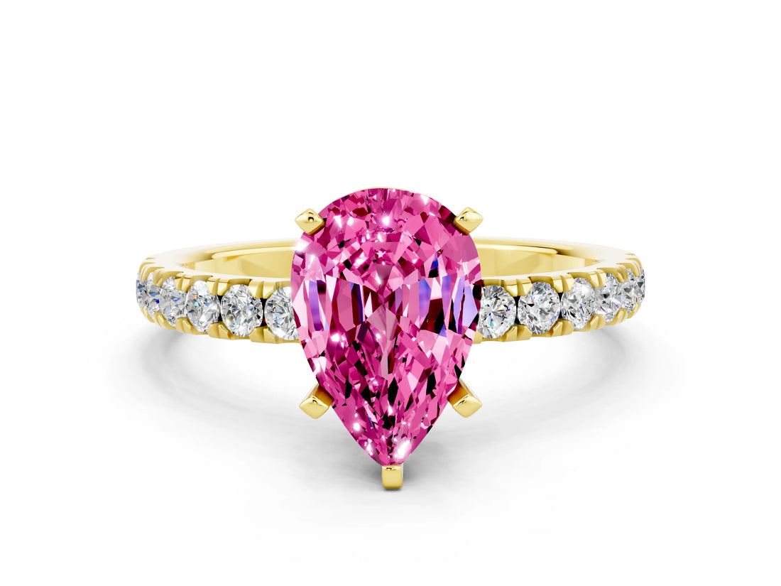 Yellow gold Pear Cut Pink Sapphire Solitaire Ring with Pavé Accents and Four-Prong Setting_24