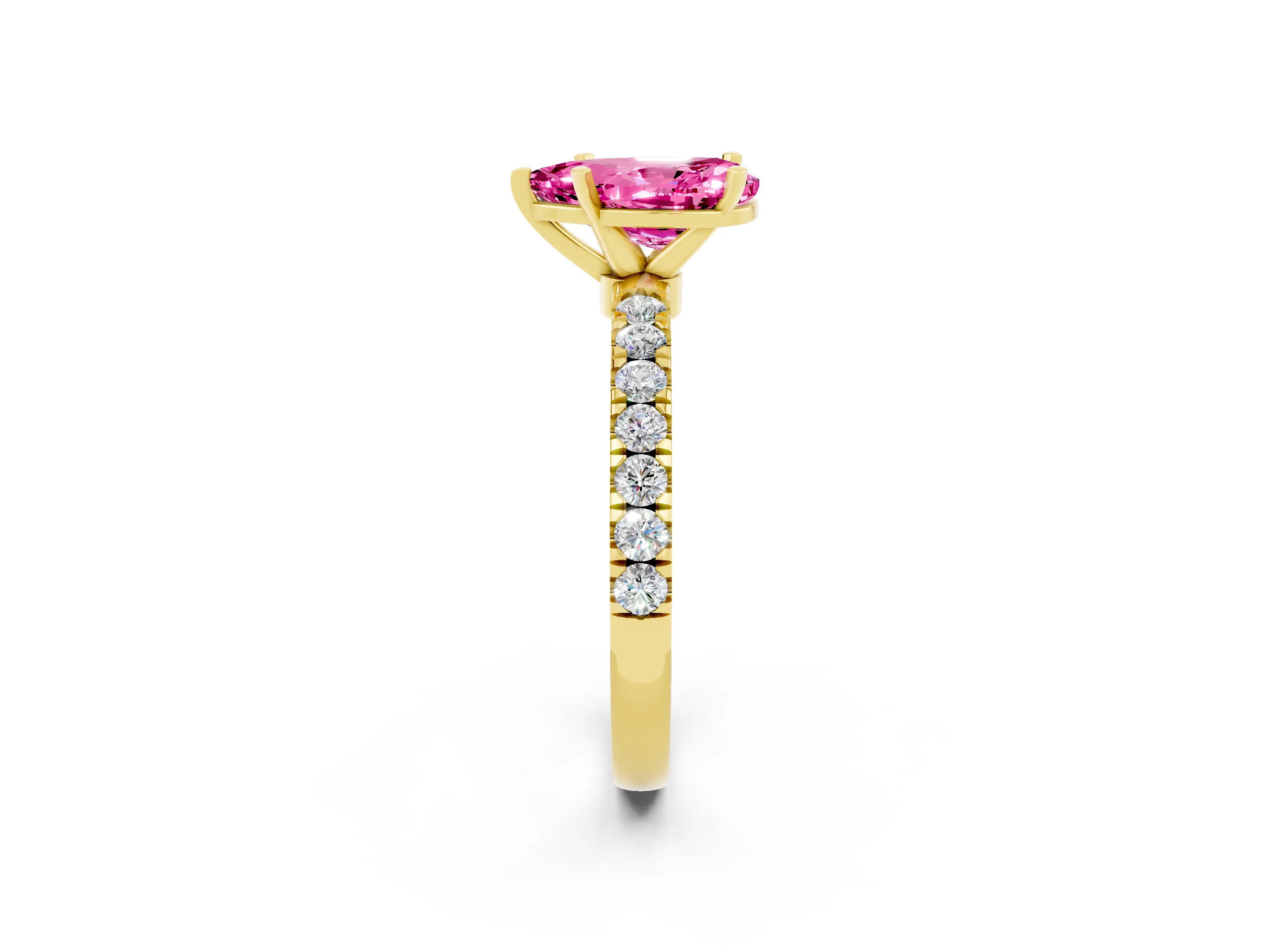 Yellow gold Pear Cut Pink Sapphire Solitaire Ring with Pavé Accents and Four-Prong Setting_26