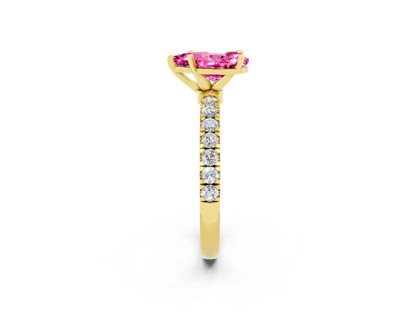 Yellow gold Pear Cut Pink Sapphire Solitaire Ring with Pavé Accents and Four-Prong Setting