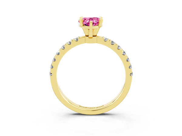 Yellow gold Pear Cut Pink Sapphire Solitaire Ring with Pavé Accents and Four-Prong Setting
