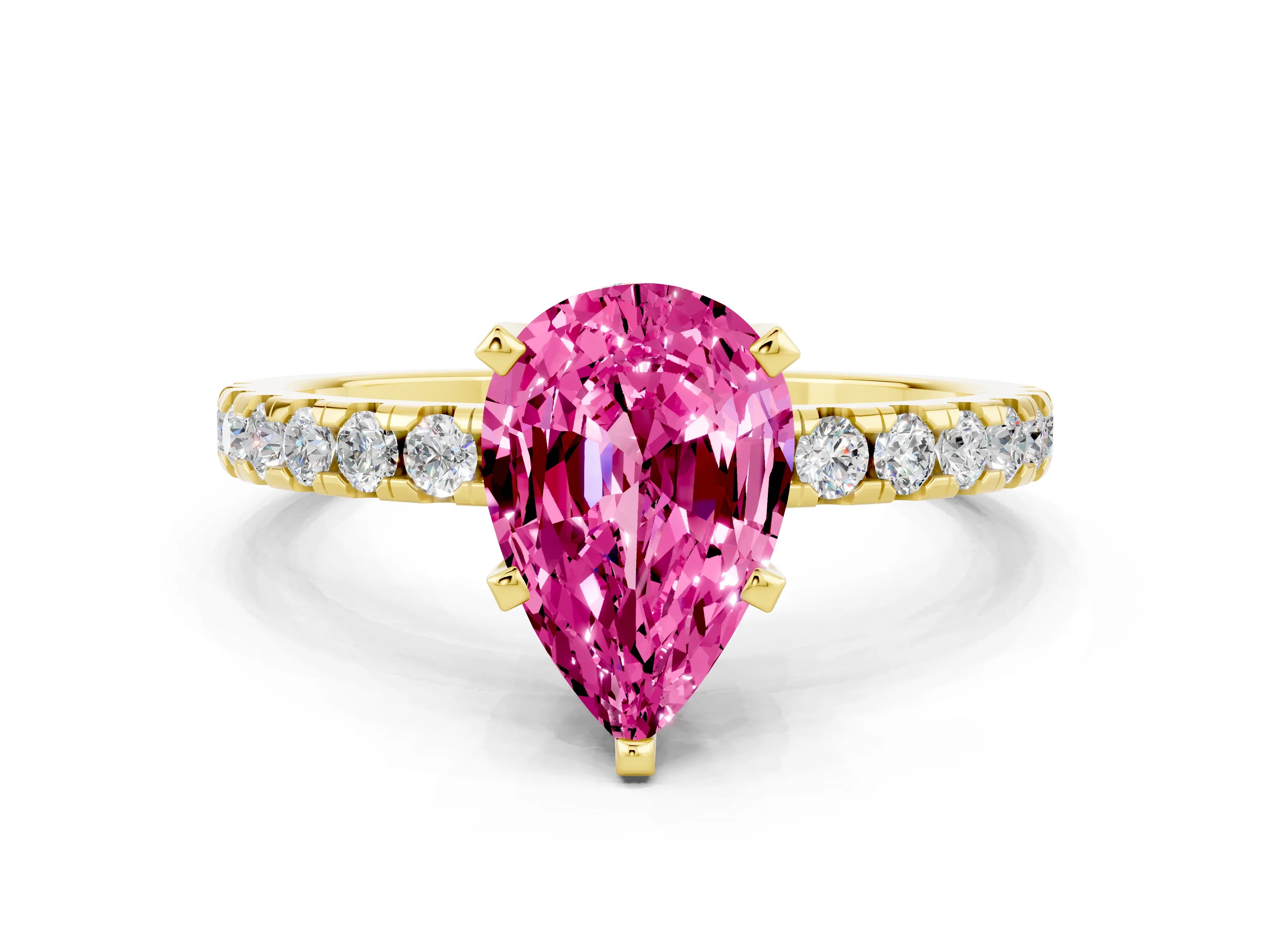 Yellow gold Pear Cut Pink Sapphire Solitaire Ring with Pavé Band and Four-Prong Setting_60