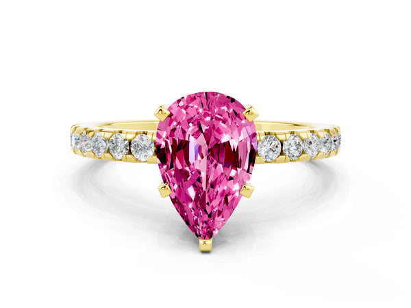 Yellow gold Pear Cut Pink Sapphire Solitaire Ring with Round  Pavé Band and Four-Prong Setting
