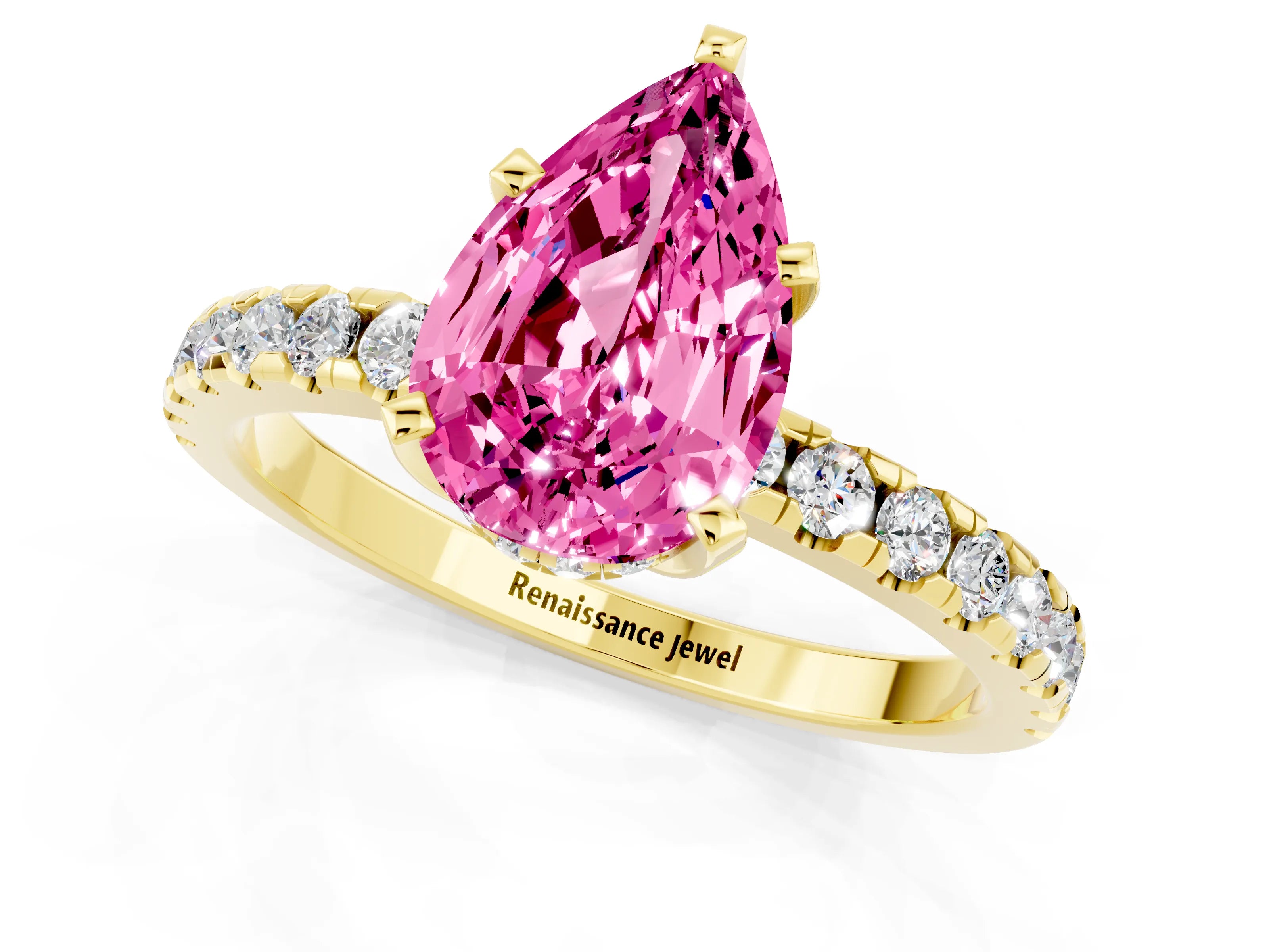 Yellow gold Pear Cut Pink Sapphire Solitaire Ring with Pavé Band and Four-Prong Setting_61