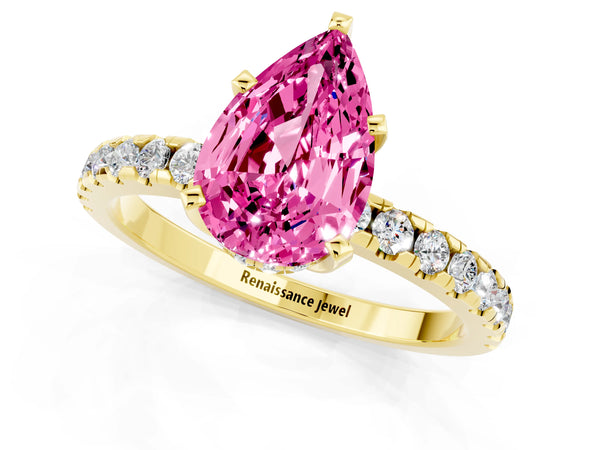 Yellow gold Pear Cut Pink Sapphire Solitaire Ring with Round  Pavé Band and Four-Prong Setting