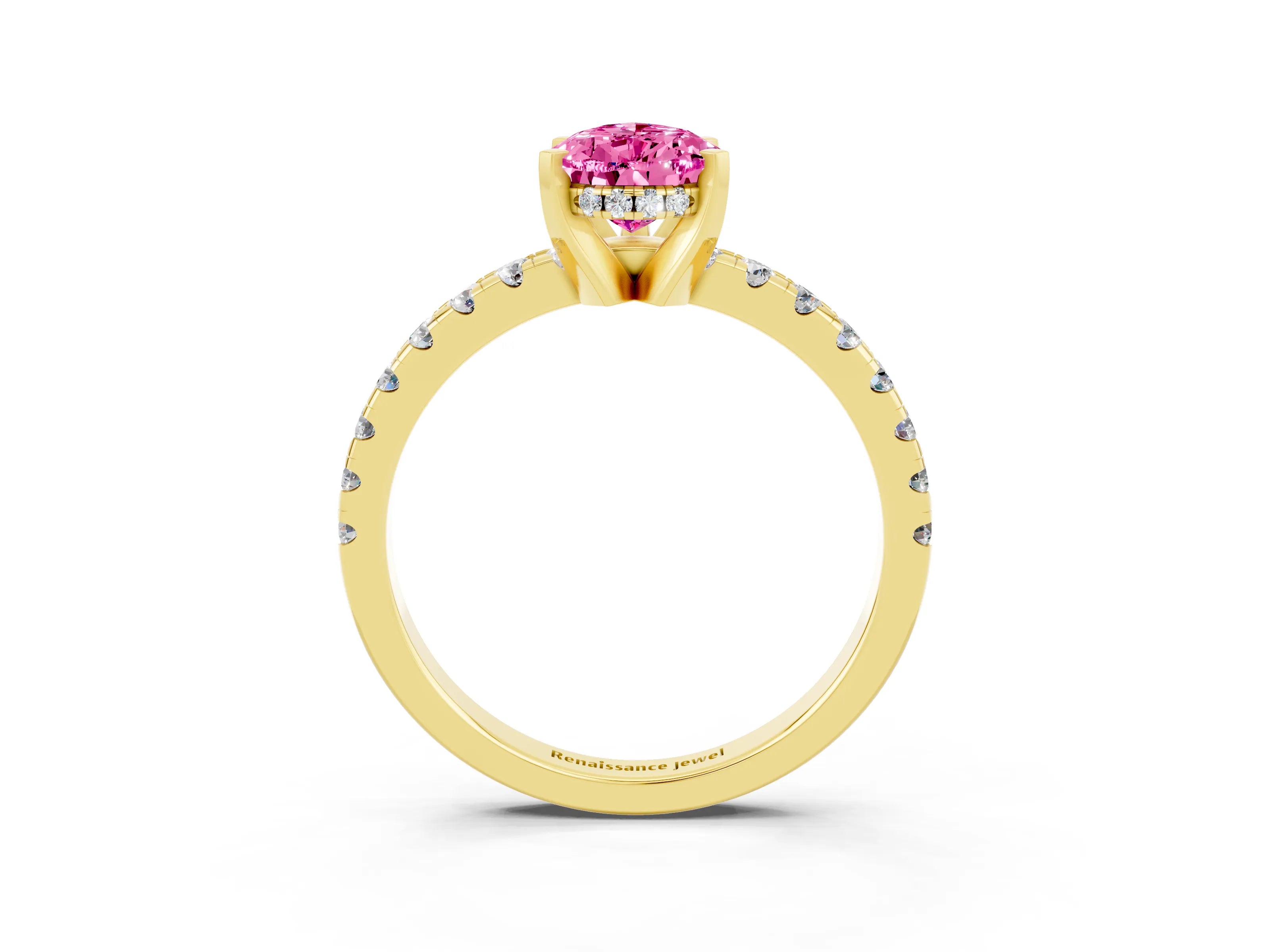 Yellow gold Pear Cut Pink Sapphire Solitaire Ring with Pavé Band and Four-Prong Setting_63