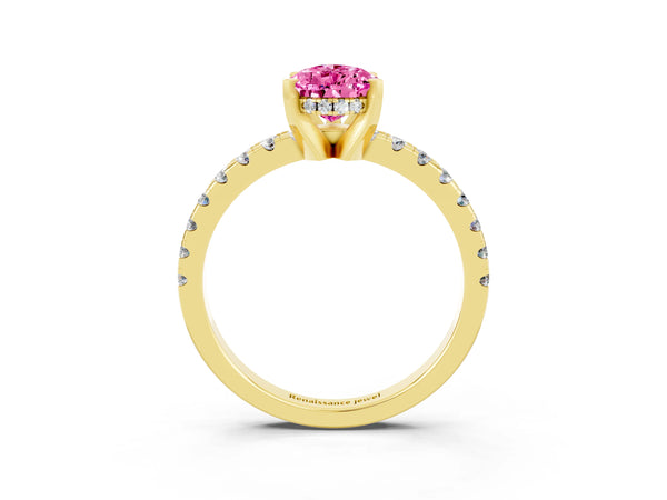 Yellow gold Pear Cut Pink Sapphire Solitaire Ring with Round  Pavé Band and Four-Prong Setting