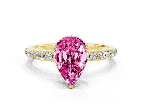 Yellow gold Pear Cut Pink Sapphire Solitaire Ring with Pavé Band and Hidden Halo_12