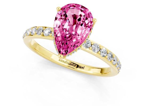 Yellow gold Pear Cut Pink Sapphire Solitaire Ring with Pavé Band and Hidden Halo