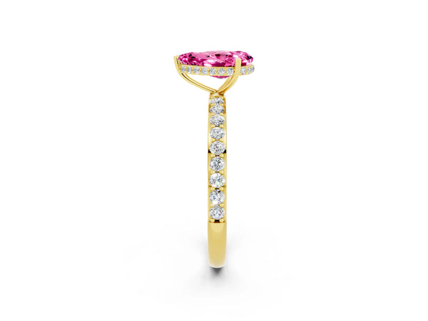 Yellow gold Pear Cut Pink Sapphire Solitaire Ring with Pavé Band and Hidden Halo