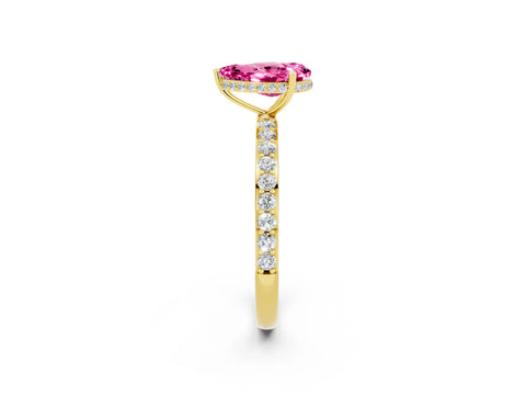 Yellow gold Pear Cut Pink Sapphire Solitaire Ring with Pavé Band and Hidden Halo_14