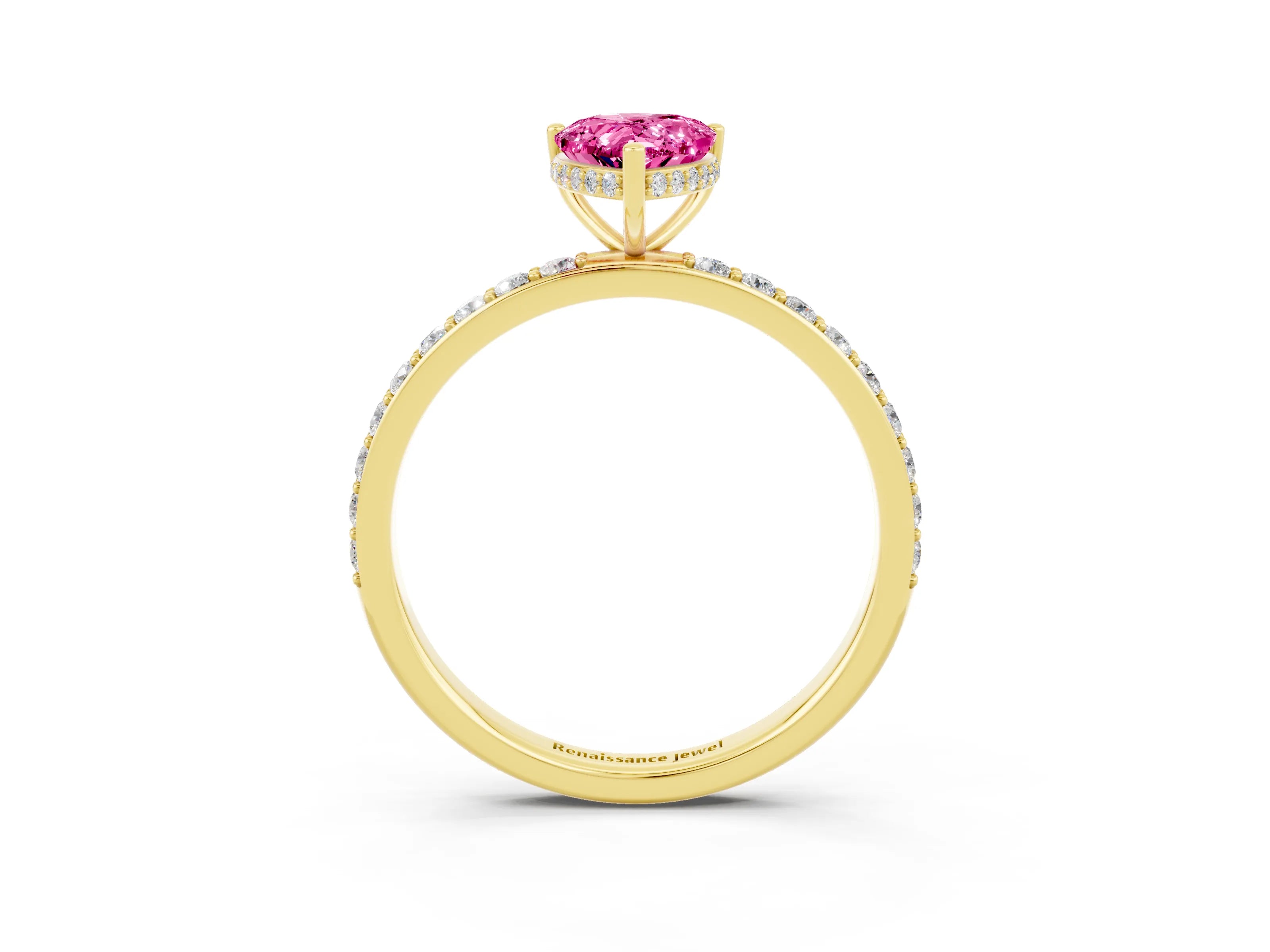 Yellow gold Pear Cut Pink Sapphire Solitaire Ring with Pavé Band and Hidden Halo_15