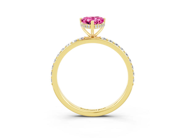 Yellow gold Pear Cut Pink Sapphire Solitaire Ring with Pavé Band and Hidden Halo