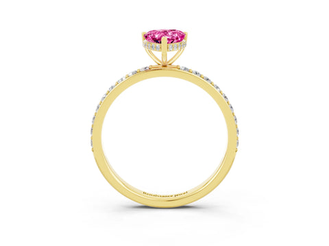 Yellow gold Pear Cut Pink Sapphire Solitaire Ring with Pavé Band and Hidden Halo_15